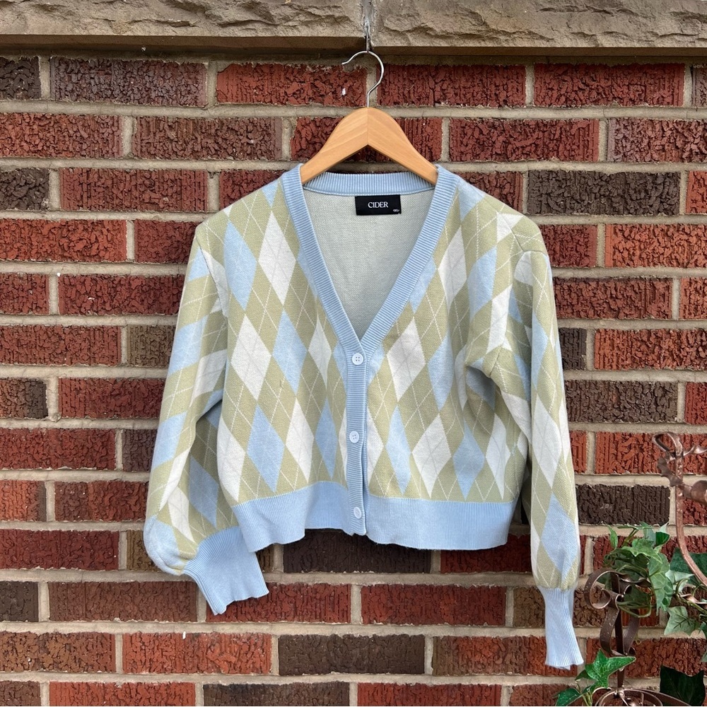 CIDER Light Blue nd Light Green Diamond Plaid Cropped Cardigan